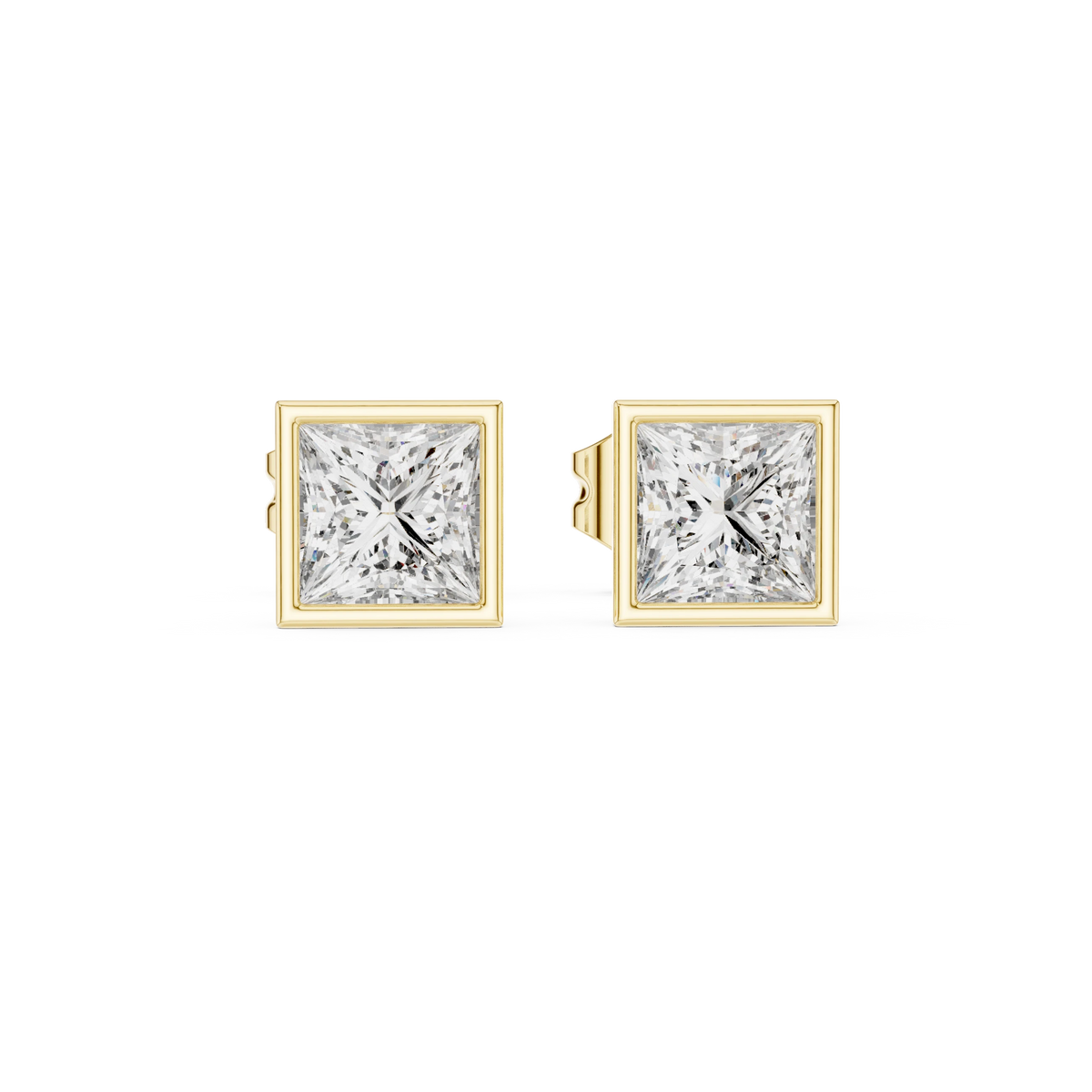 Princess Cut Bezel Moissanite Stud Earrings in yellow 925 sterling silver, view 4