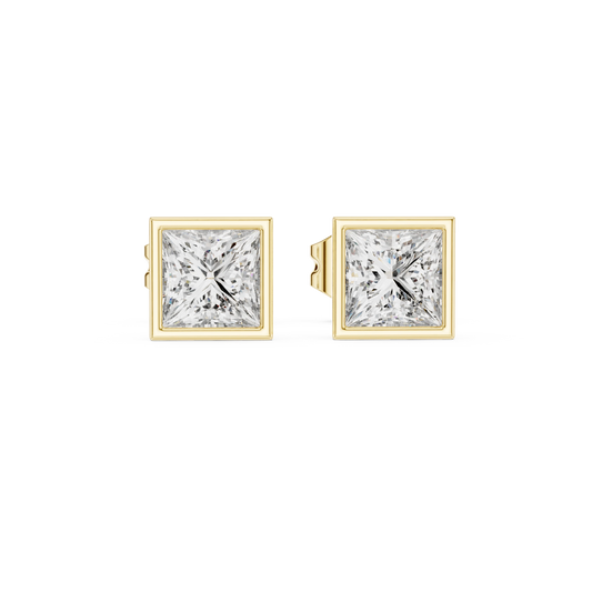 Princess Cut Bezel Moissanite Stud Earrings in yellow 925 sterling silver, view 4