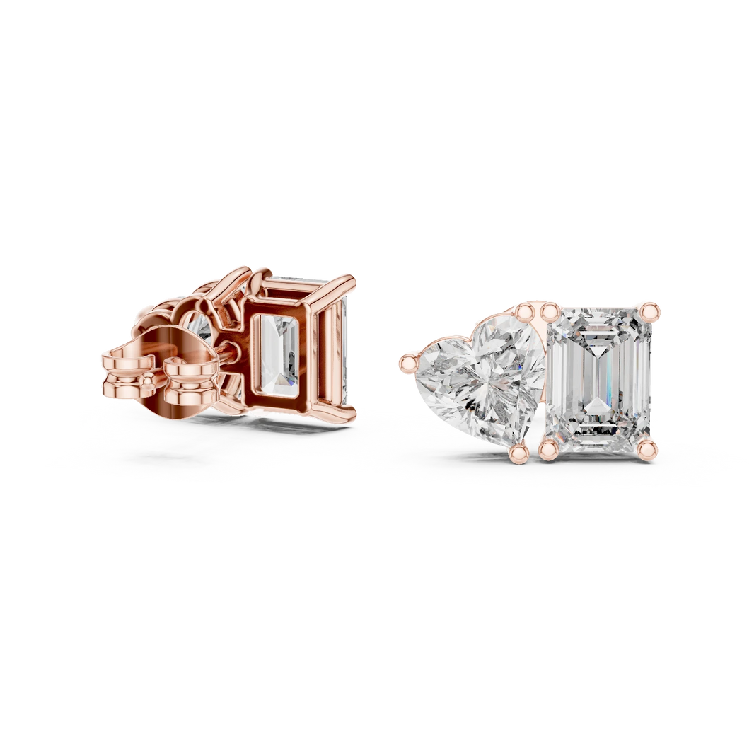 Emerald Cut and Heart Toi et Moi Moissanite Stud Earrings in rose 925 sterling silver, view 1