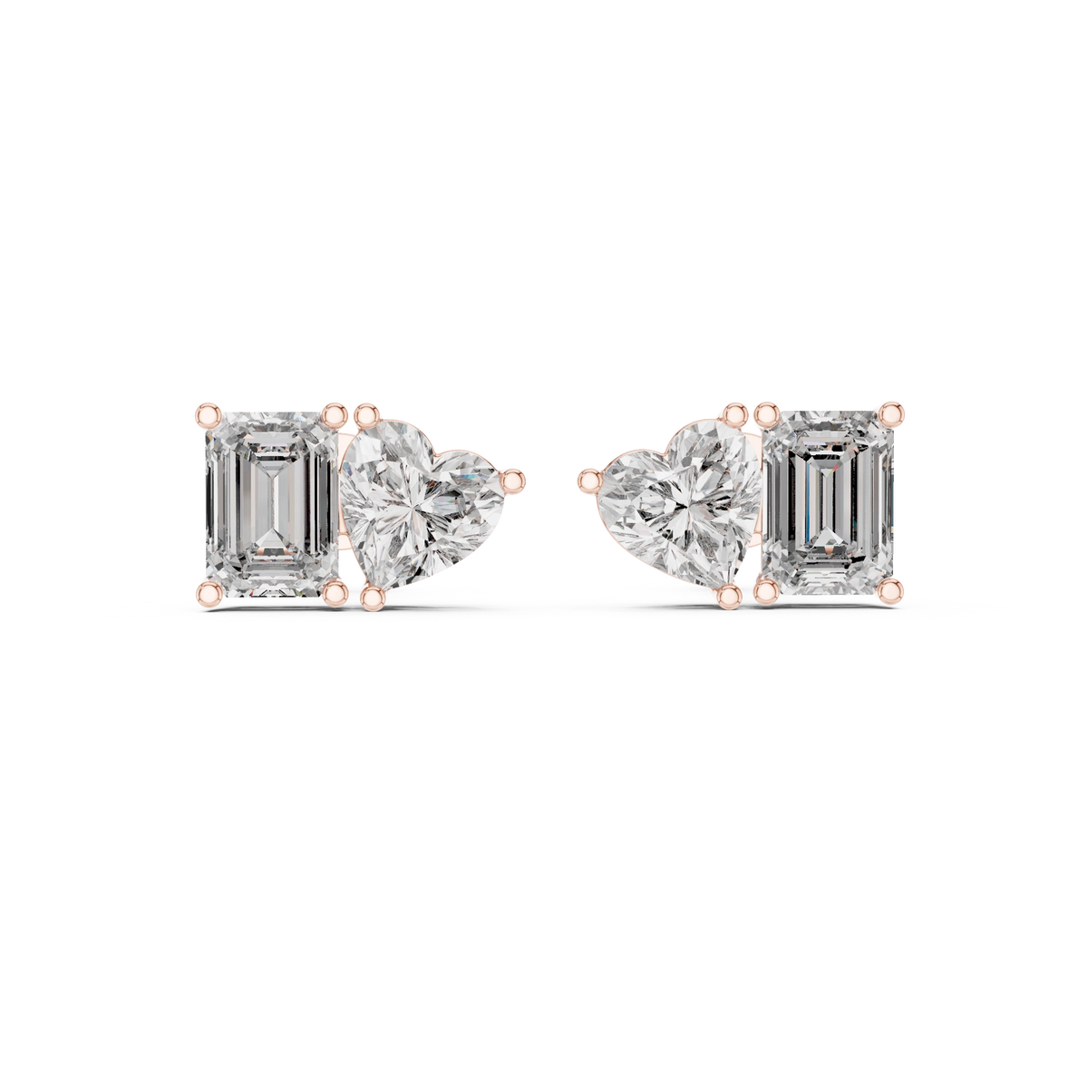 Emerald Cut and Heart Toi et Moi Moissanite Stud Earrings in rose 925 sterling silver, view 4