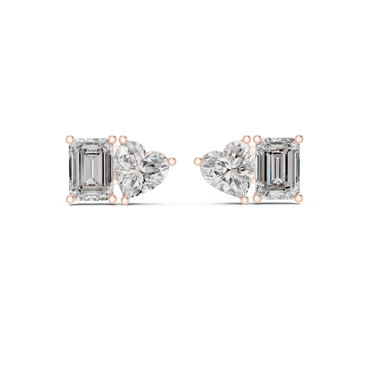 Emerald Cut and Heart Toi et Moi Moissanite Stud Earrings in rose 925 sterling silver, view 4
