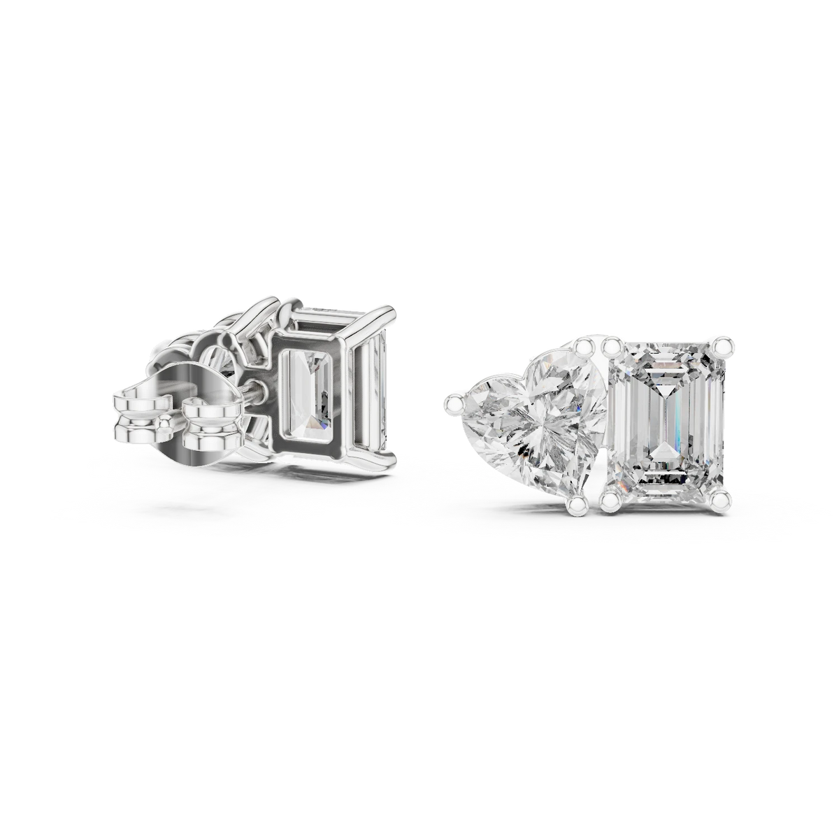 Emerald Cut and Heart Toi et Moi Moissanite Stud Earrings in white 925 sterling silver, view 1