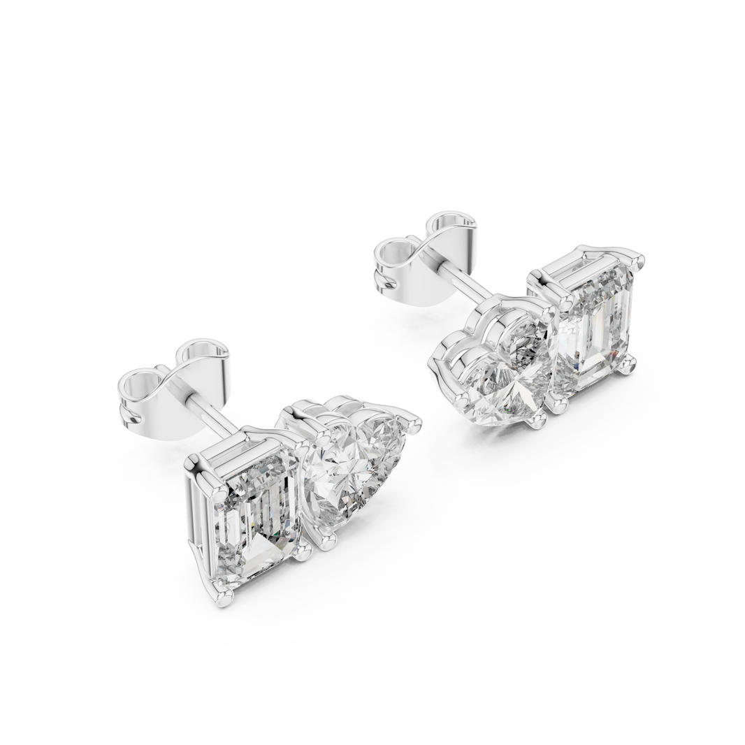 Emerald Cut and Heart Toi et Moi Moissanite Stud Earrings in white 925 sterling silver, view 2