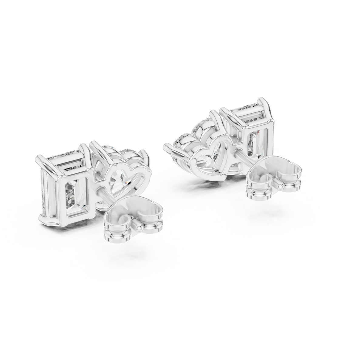 Emerald Cut and Heart Toi et Moi Moissanite Stud Earrings in white 925 sterling silver, view 3