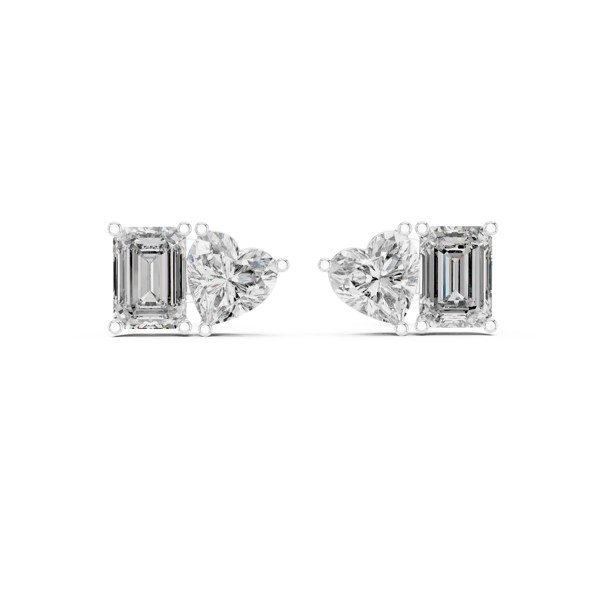 Emerald Cut and Heart Toi et Moi Moissanite Stud Earrings in white 925 sterling silver, view 4
