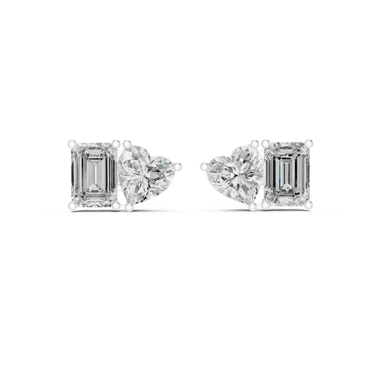 Emerald Cut and Heart Toi et Moi Moissanite Stud Earrings in white 925 sterling silver, view 4