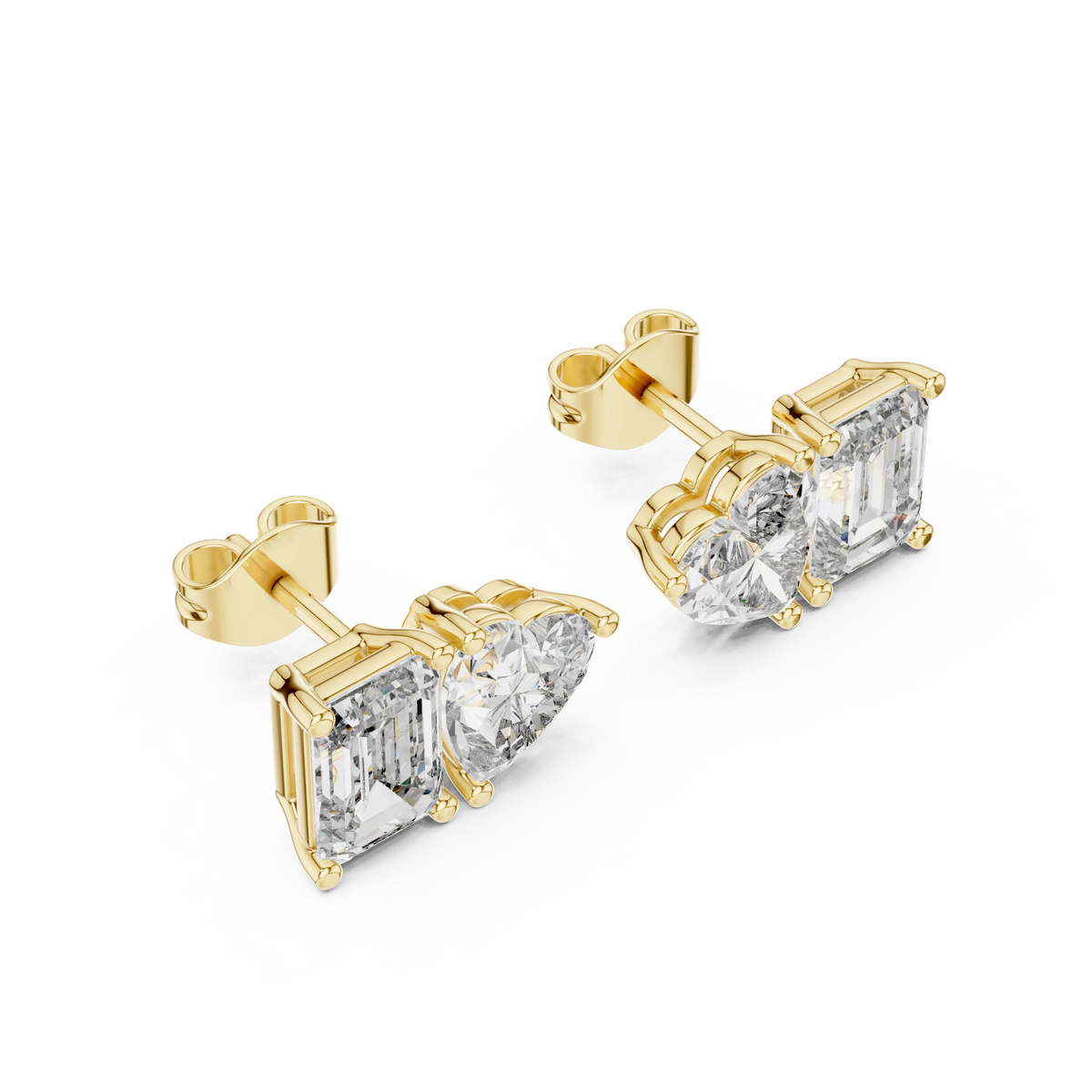 Emerald Cut and Heart Toi et Moi Moissanite Stud Earrings in yellow 925 sterling silver, view 2