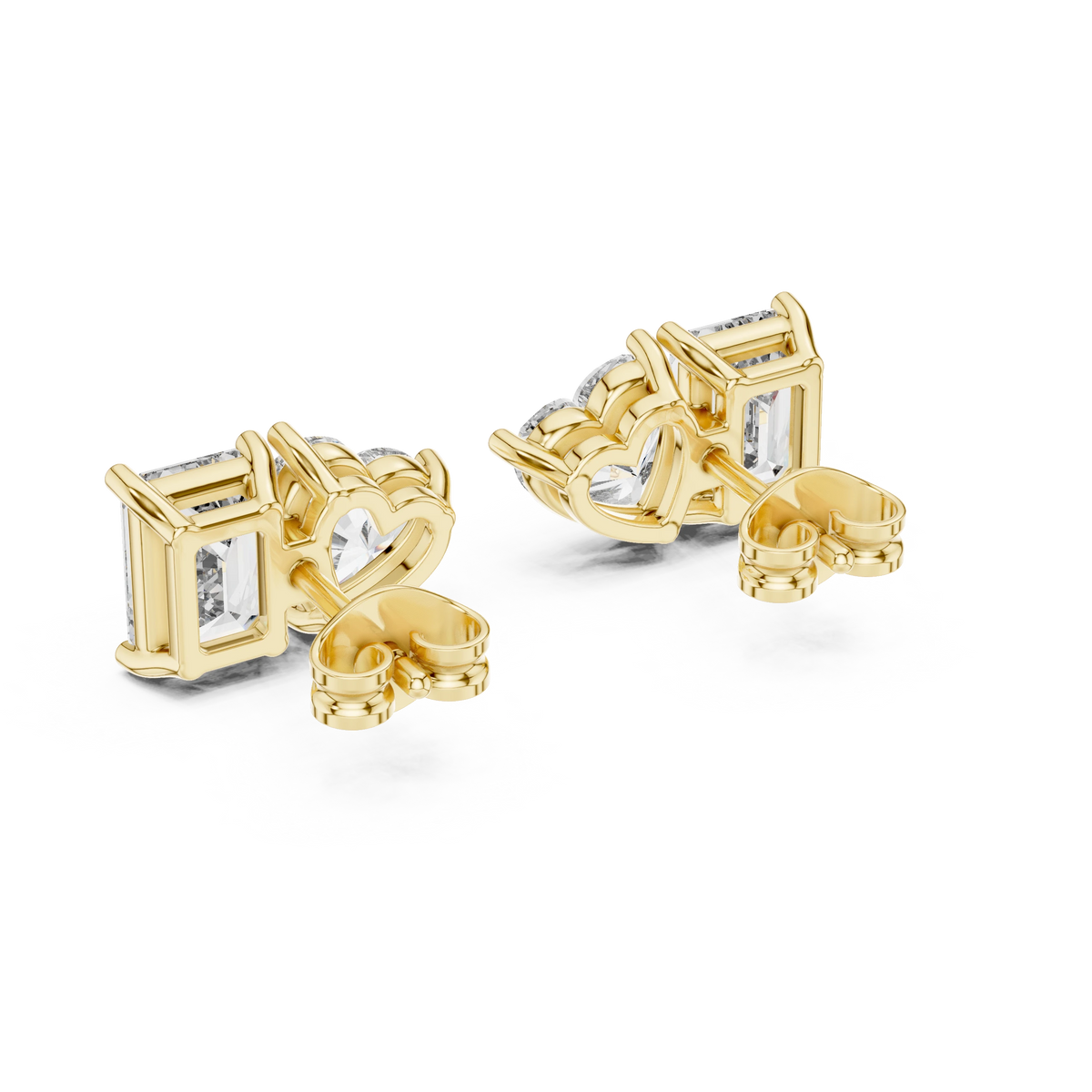 Emerald Cut and Heart Toi et Moi Moissanite Stud Earrings in yellow 925 sterling silver, view 3