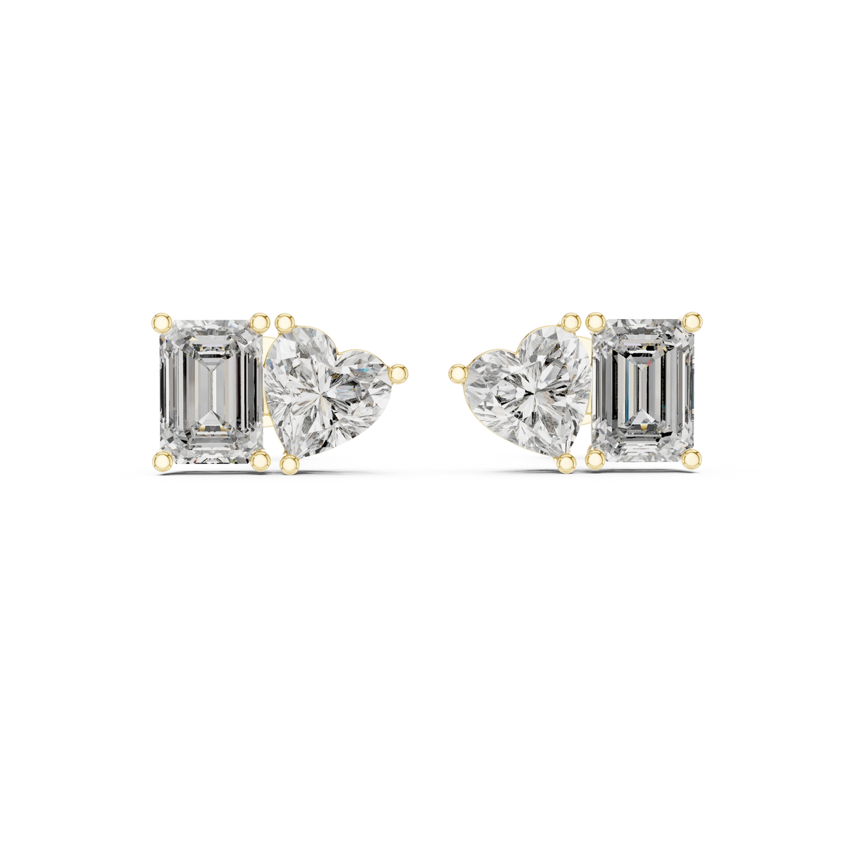 Emerald Cut and Heart Toi et Moi Moissanite Stud Earrings in yellow 925 sterling silver, view 4
