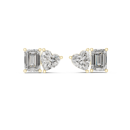 Emerald Cut and Heart Toi et Moi Moissanite Stud Earrings in yellow 925 sterling silver, view 4
