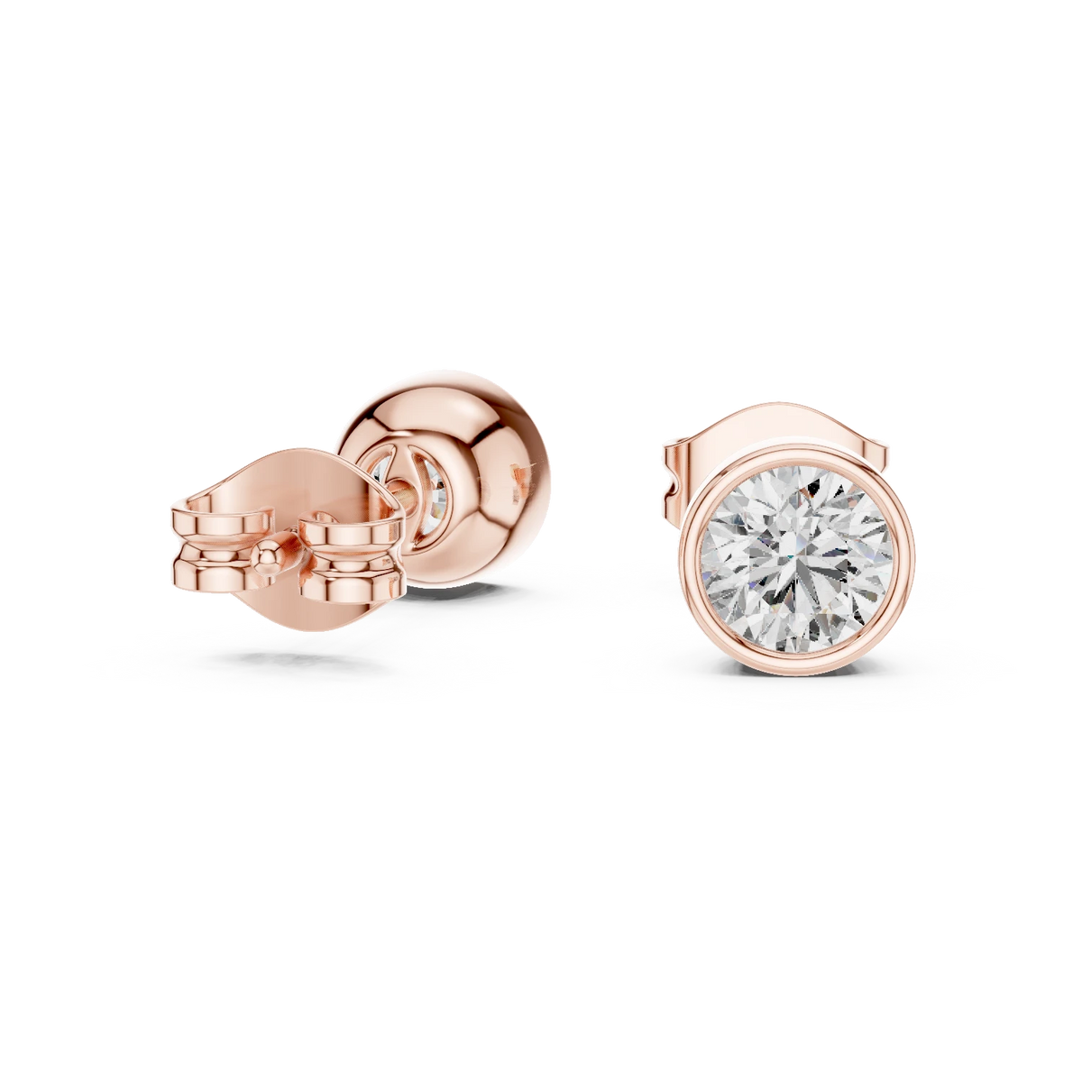 Round Bezel Moissanite Stud Earrings in rose 925 sterling silver, view 1