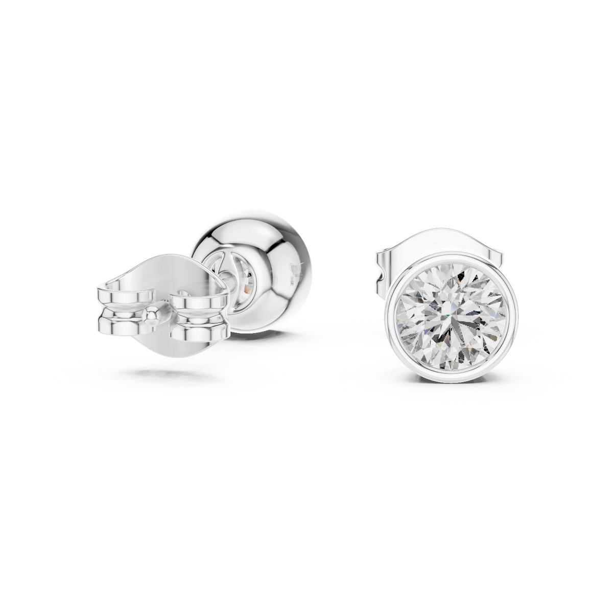 Round Bezel Moissanite Stud Earrings in white 925 sterling silver, view 1