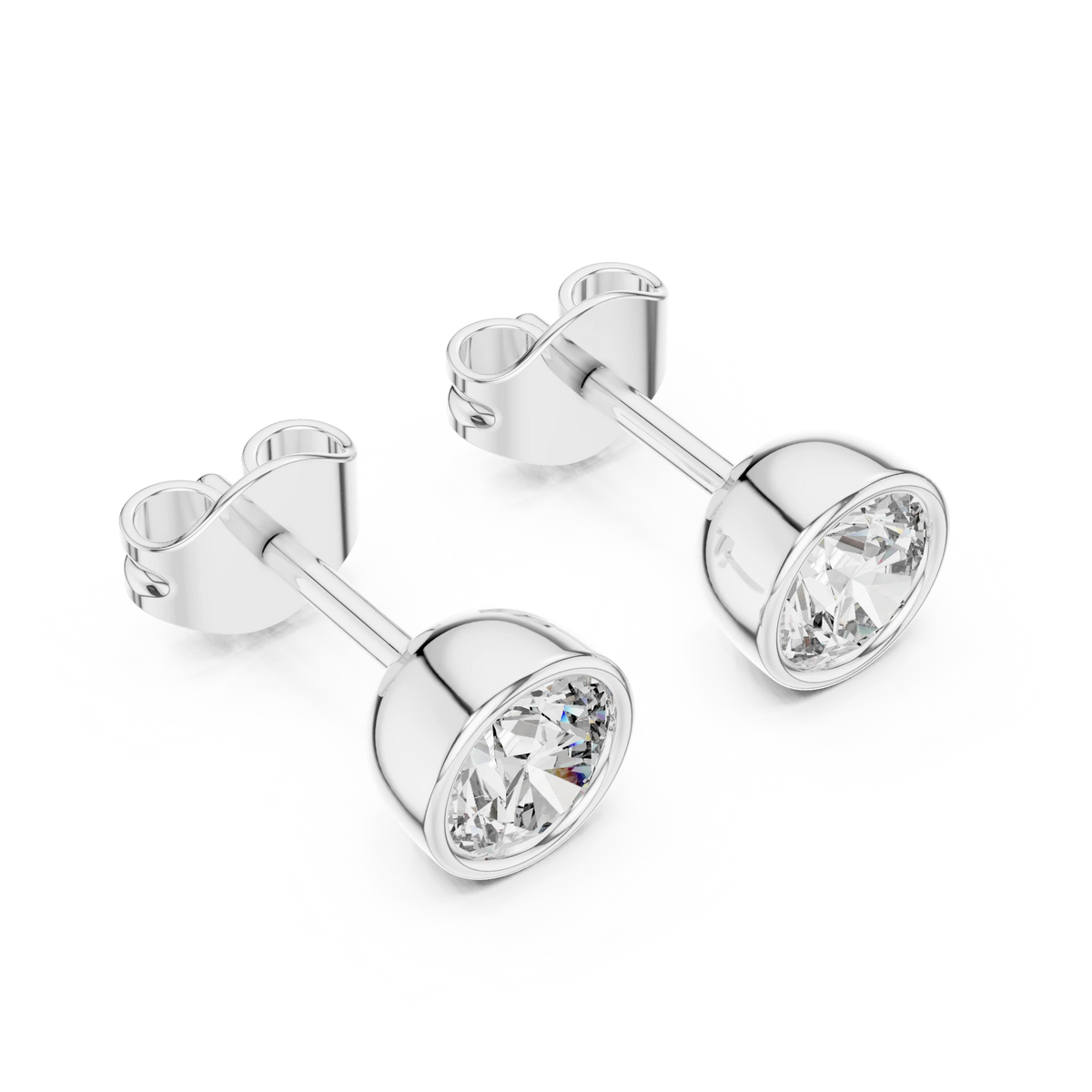 Round Bezel Moissanite Stud Earrings in white 925 sterling silver, view 2