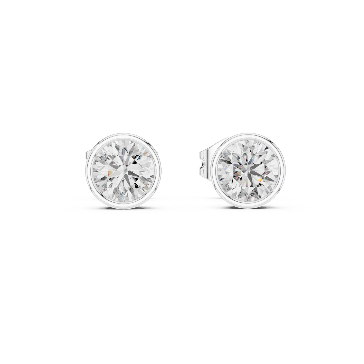 Round Bezel Moissanite Stud Earrings in white 925 sterling silver, view 4