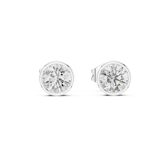 Round Bezel Moissanite Stud Earrings in white 925 sterling silver, view 4
