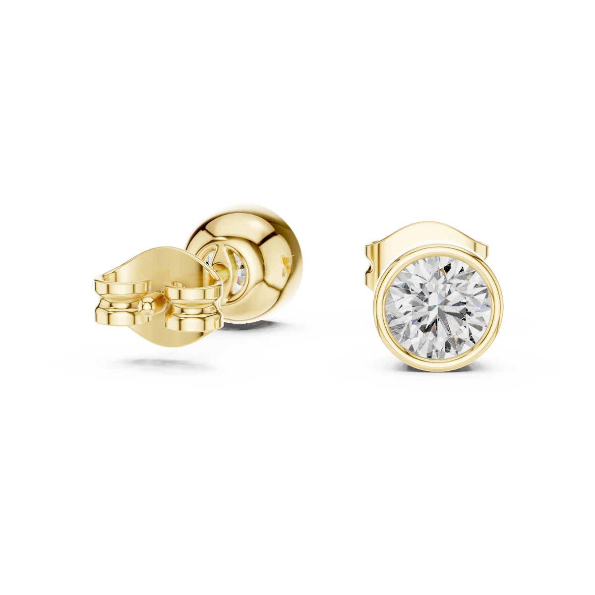 Round Bezel Moissanite Stud Earrings in yellow 925 sterling silver, view 1