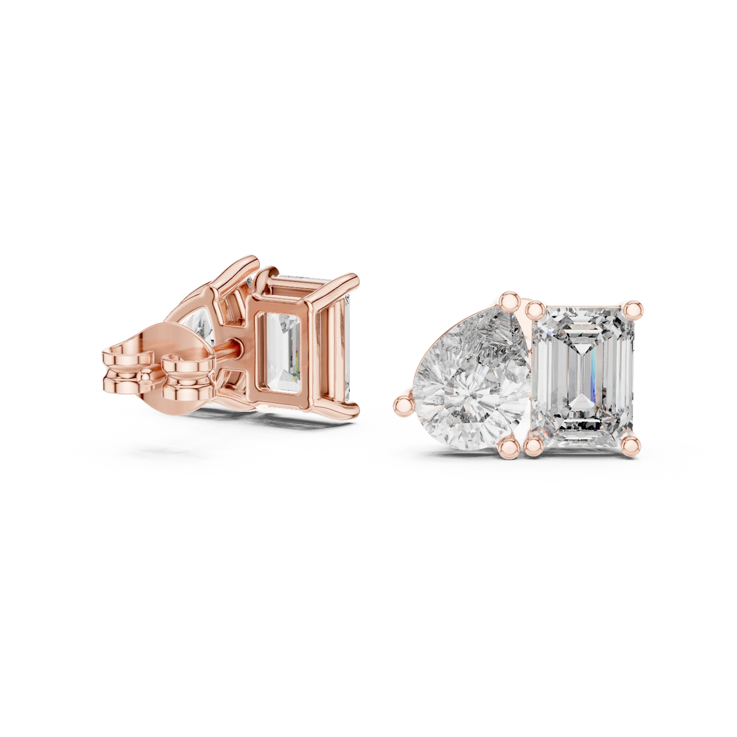 Emerald Cut and Pear Toi et Moi Moissanite Stud Earrings in rose 925 sterling silver, view 1