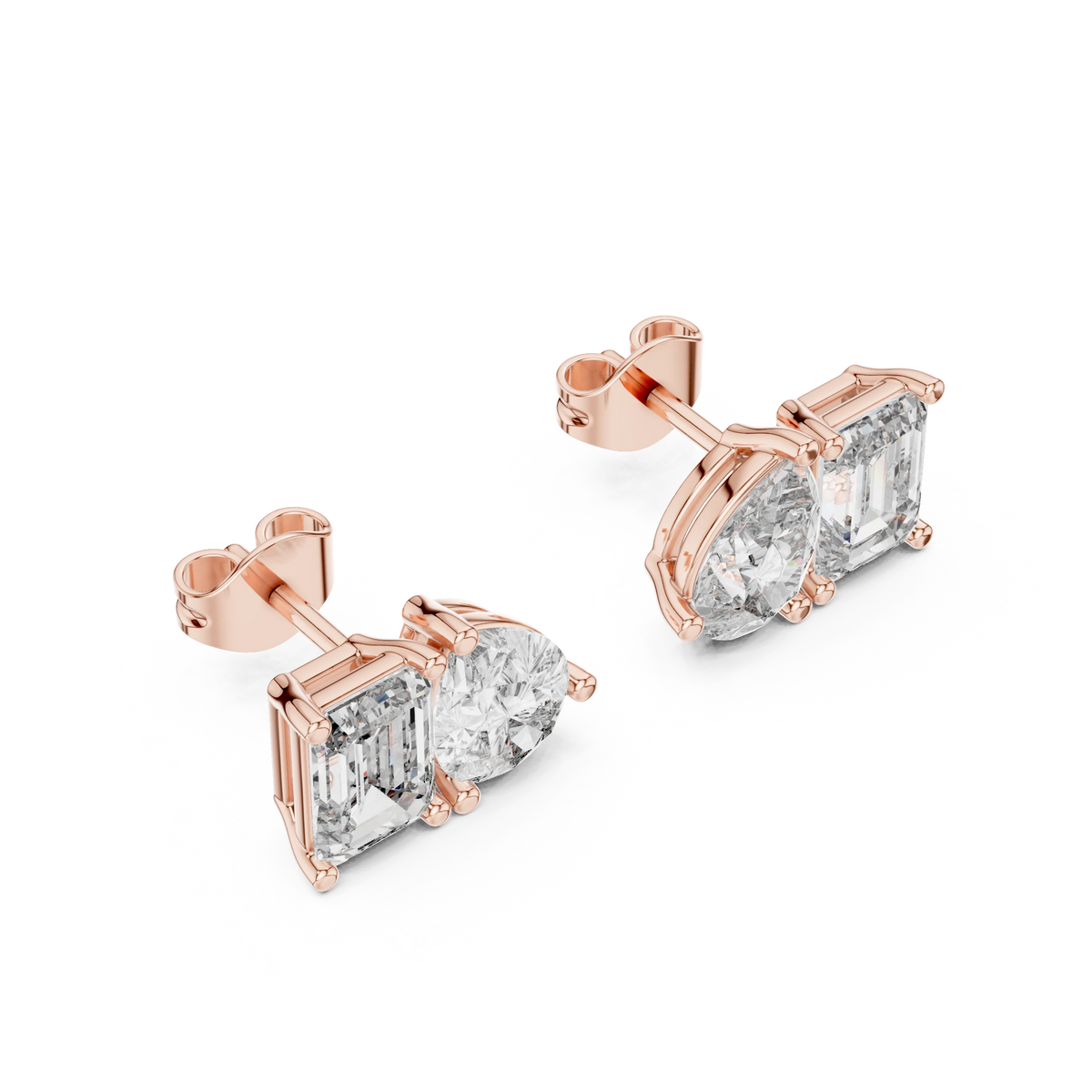 Emerald Cut and Pear Toi et Moi Moissanite Stud Earrings in rose 925 sterling silver, view 2