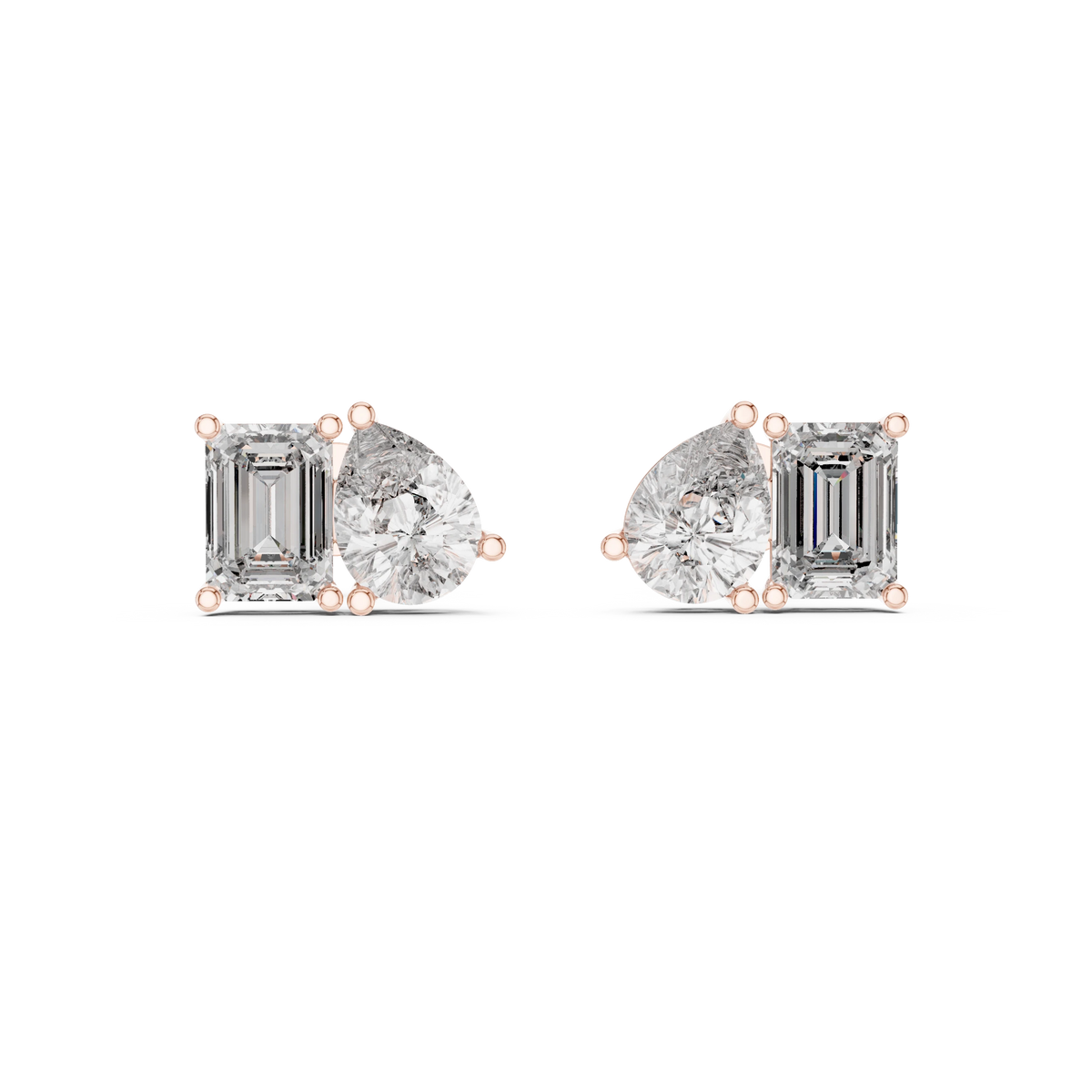 Emerald Cut and Pear Toi et Moi Moissanite Stud Earrings in rose 925 sterling silver, view 4