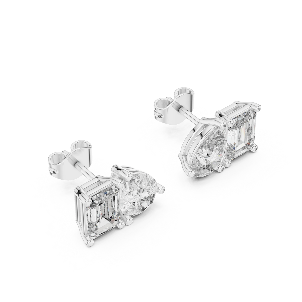 Emerald Cut and Pear Toi et Moi Moissanite Stud Earrings in white 925 sterling silver, view 2