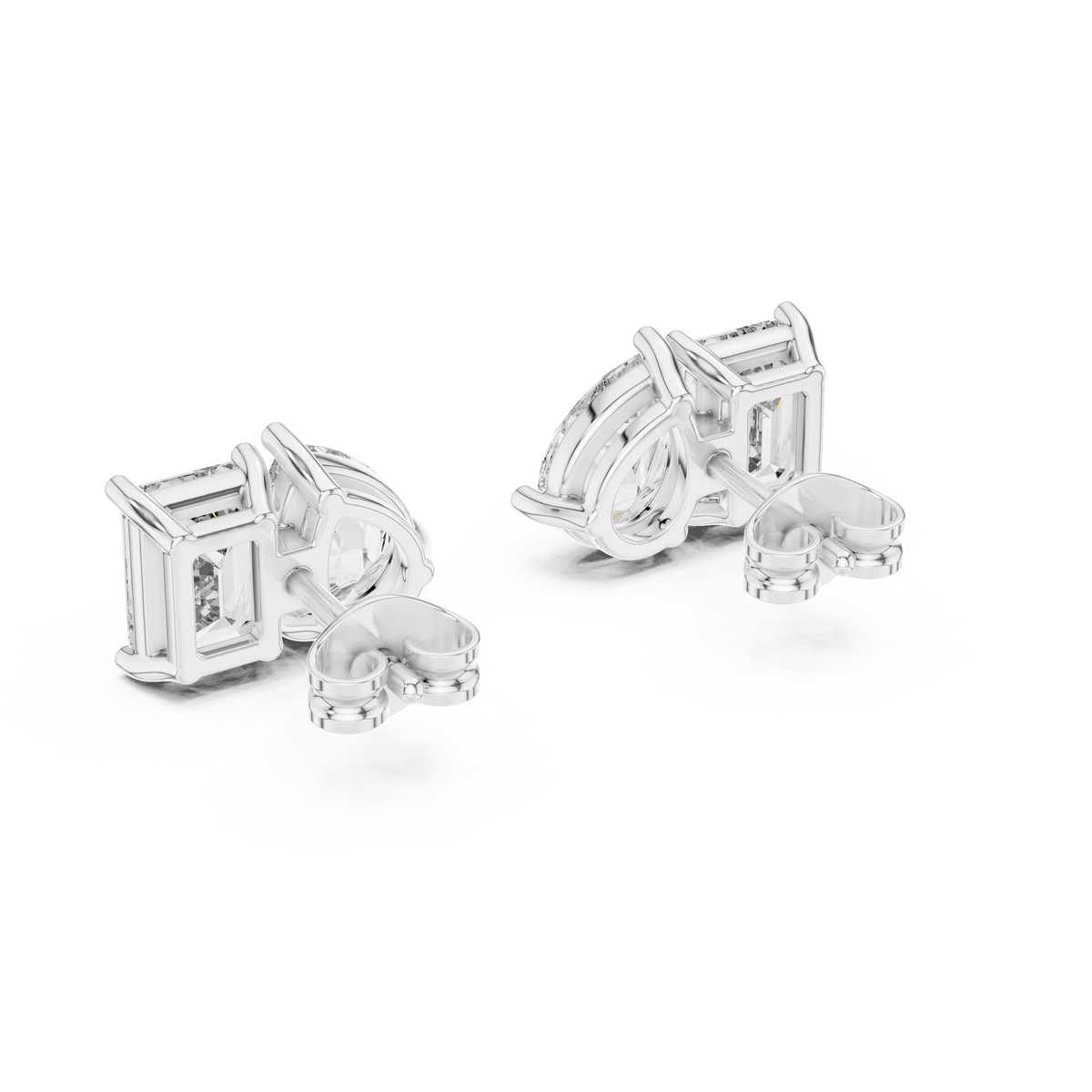 Emerald Cut and Pear Toi et Moi Moissanite Stud Earrings in white 925 sterling silver, view 3