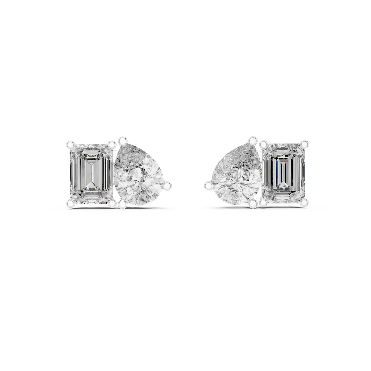 Emerald Cut and Pear Toi et Moi Moissanite Stud Earrings in white 925 sterling silver, view 4