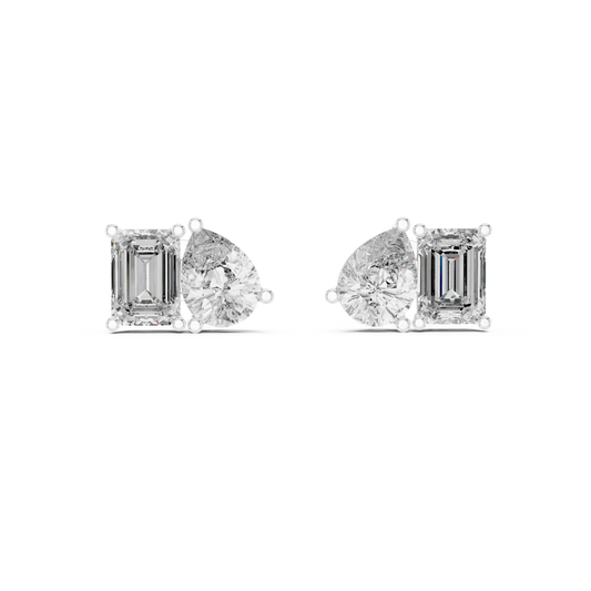 Emerald Cut and Pear Toi et Moi Moissanite Stud Earrings in white 925 sterling silver, view 4