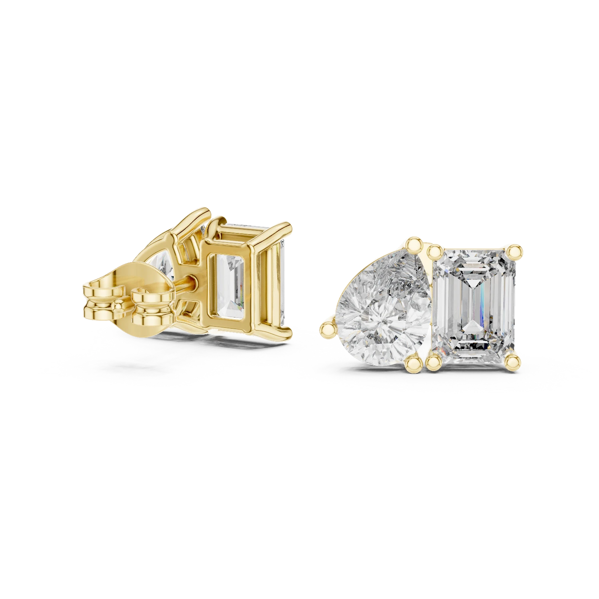 Emerald Cut and Pear Toi et Moi Moissanite Stud Earrings in yellow 925 sterling silver, view 1