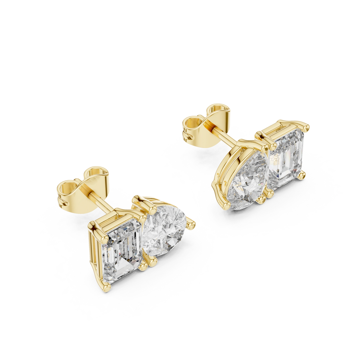 Emerald Cut and Pear Toi et Moi Moissanite Stud Earrings in yellow 925 sterling silver, view 2