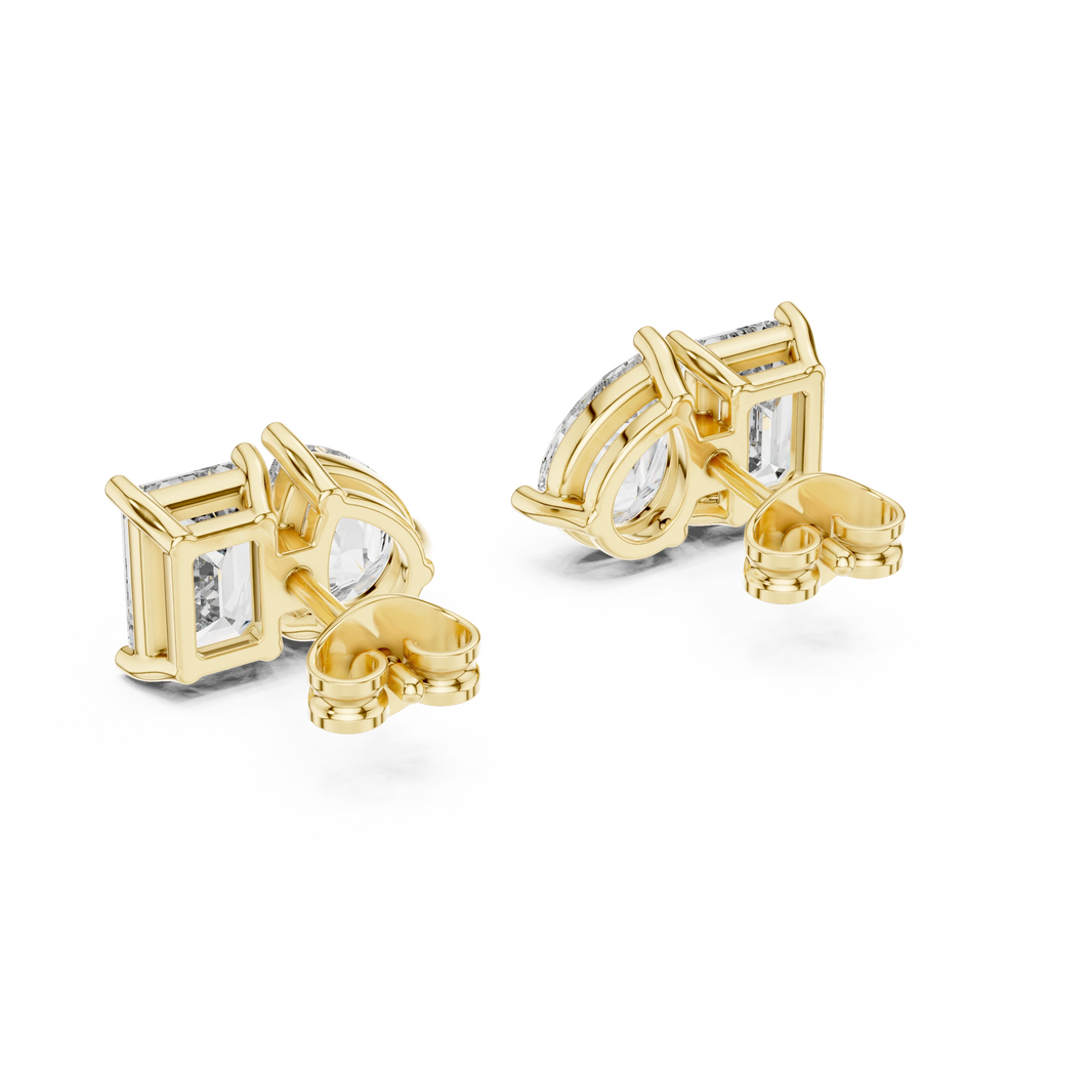 Emerald Cut and Pear Toi et Moi Moissanite Stud Earrings in yellow 925 sterling silver, view 3