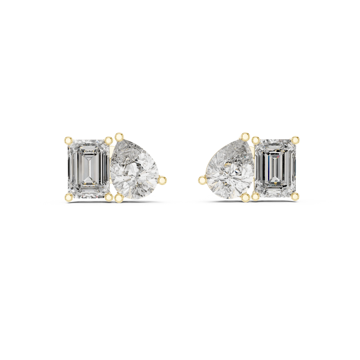 Emerald Cut and Pear Toi et Moi Moissanite Stud Earrings in yellow 925 sterling silver, view 4