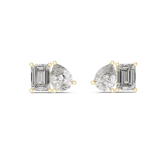 Emerald Cut and Pear Toi et Moi Moissanite Stud Earrings in yellow 925 sterling silver, view 4
