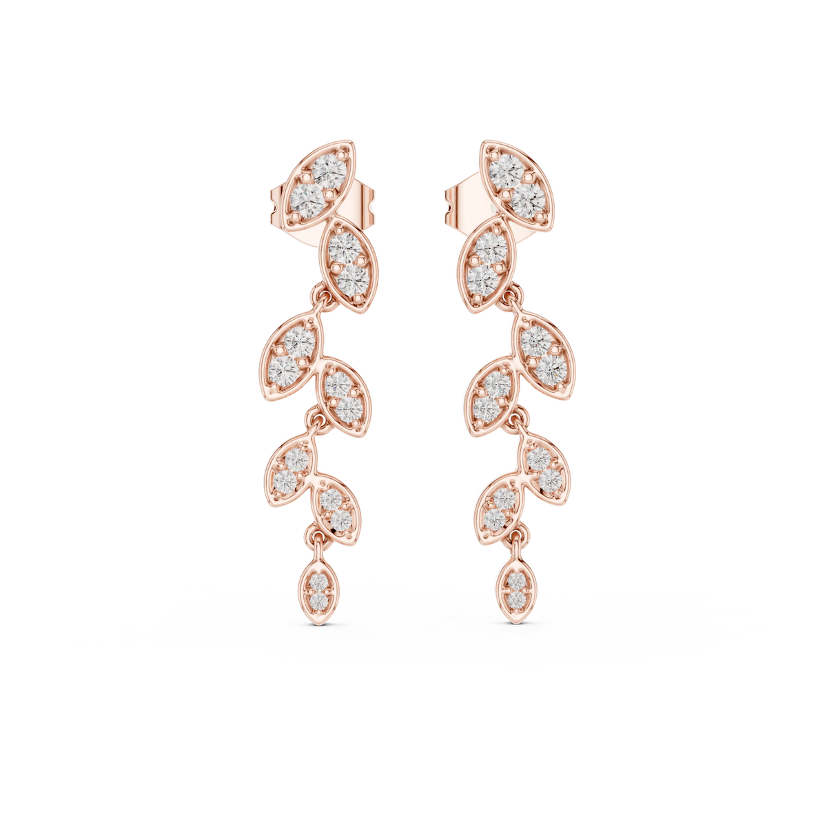 Moissanite Leaf Vine Drop Earrings in rose 925 sterling silver, view 4