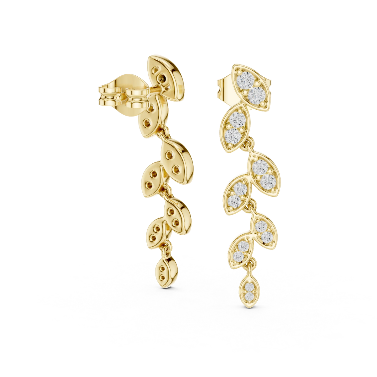 Moissanite Leaf Vine Drop Earrings in yellow 925 sterling silver, view 1