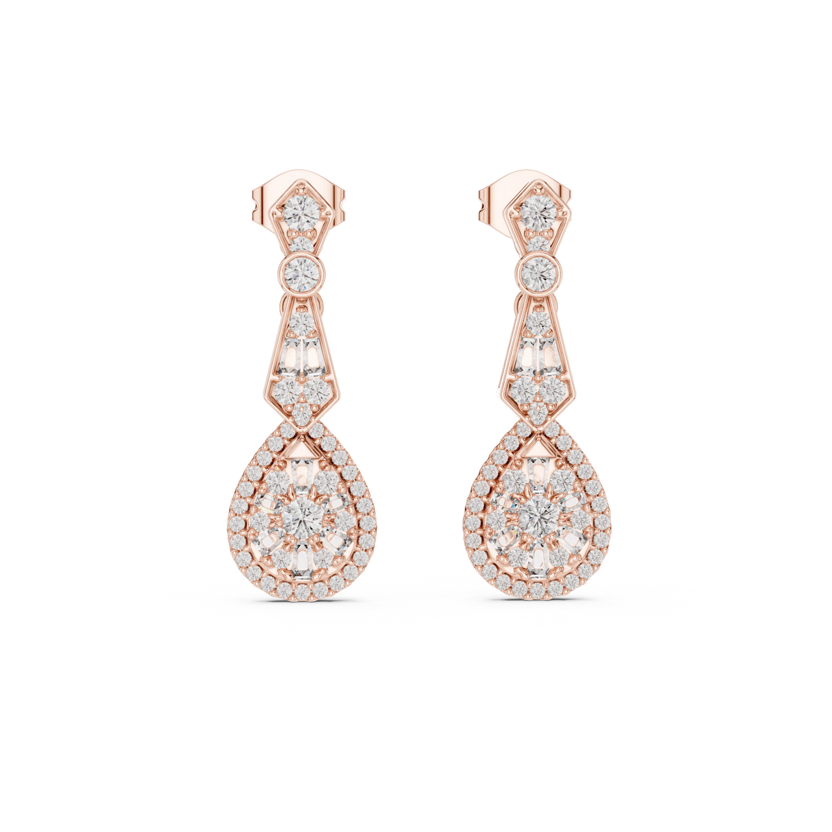 Art Deco Pear Halo Moissanite Drop Earrings in rose 925 sterling silver, view 4