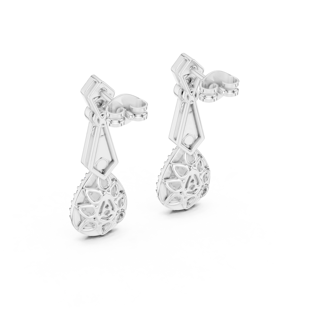 Art Deco Pear Halo Moissanite Drop Earrings in white 925 sterling silver, view 3