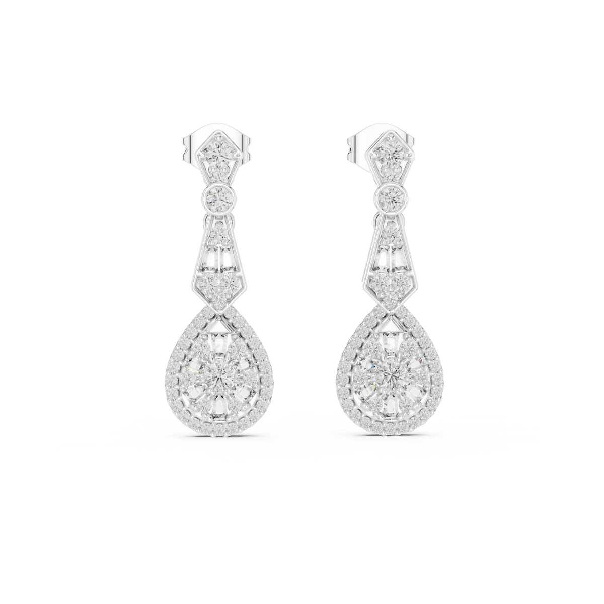 Art Deco Pear Halo Moissanite Drop Earrings in white 925 sterling silver, view 4