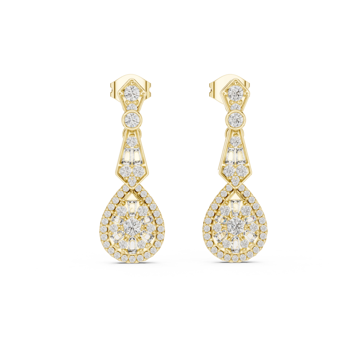 Art Deco Pear Halo Moissanite Drop Earrings in yellow 925 sterling silver, view 4