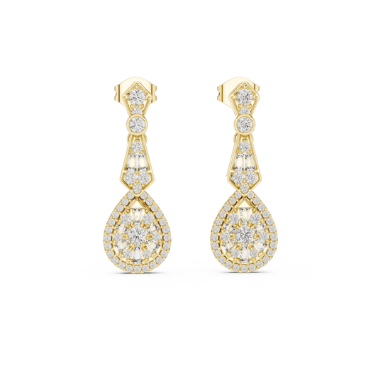 Art Deco Pear Halo Moissanite Drop Earrings in yellow 925 sterling silver, view 4