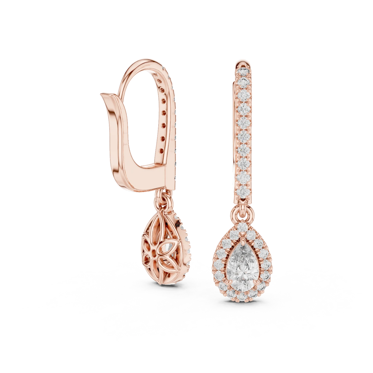 Pear Halo Moissanite Pavé Huggie Drop Earrings in rose 925 sterling silver, view 1
