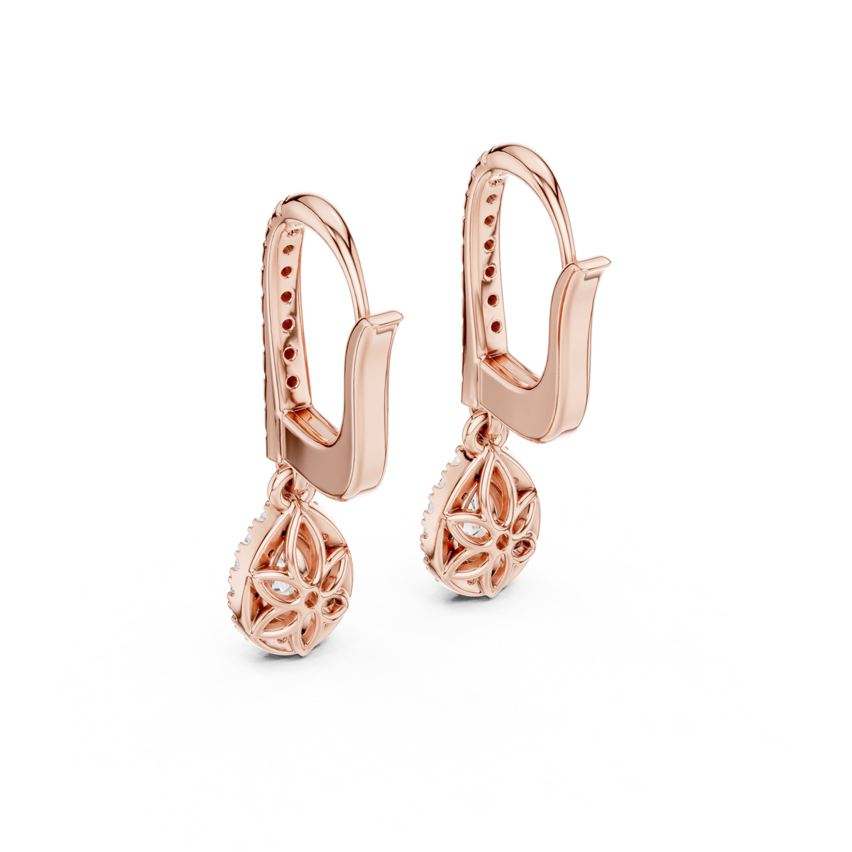 Pear Halo Moissanite Pavé Huggie Drop Earrings in rose 925 sterling silver, view 3