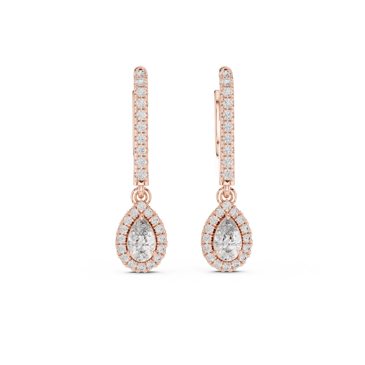 Pear Halo Moissanite Pavé Huggie Drop Earrings in rose 925 sterling silver, view 4