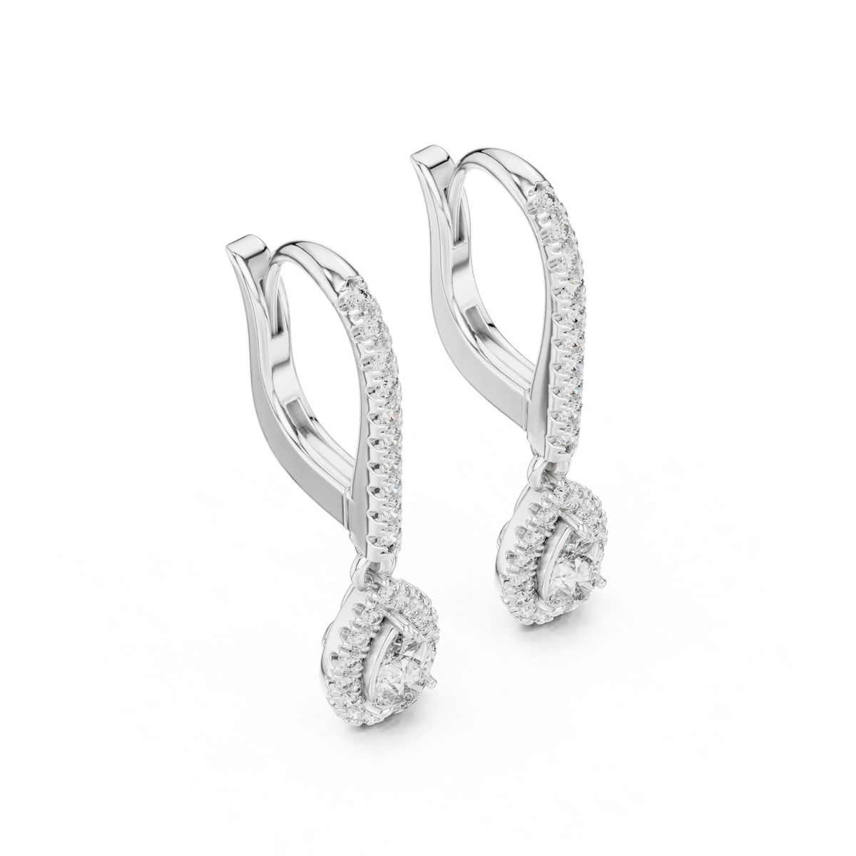 Pear Halo Moissanite Pavé Huggie Drop Earrings in white 925 sterling silver, view 2