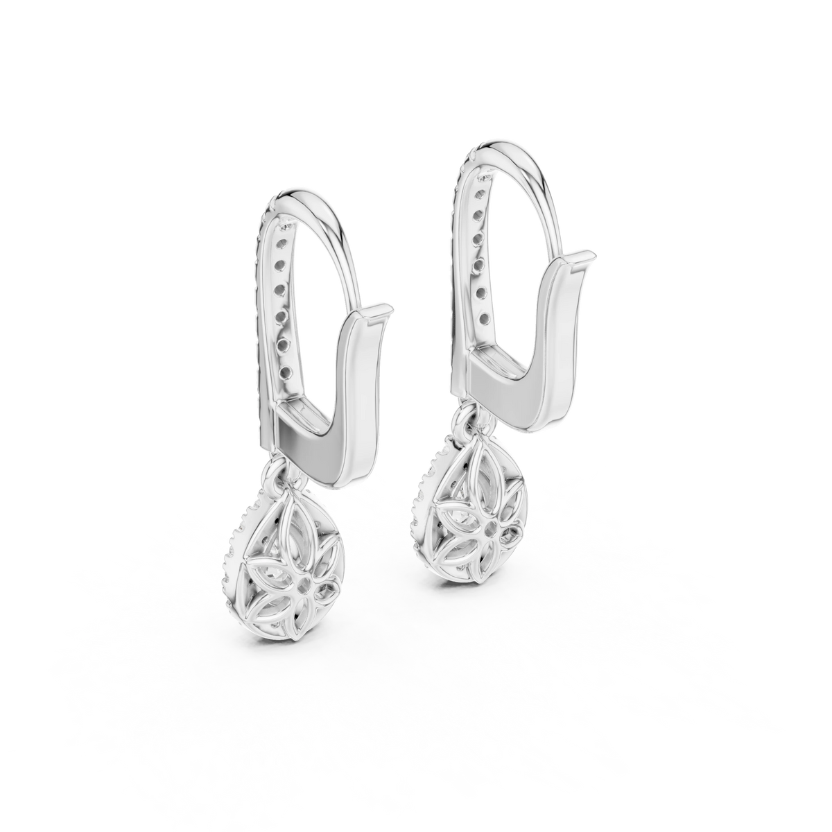 Pear Halo Moissanite Pavé Huggie Drop Earrings in white 925 sterling silver, view 3