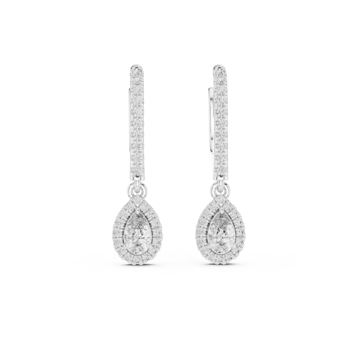 Pear Halo Moissanite Pavé Huggie Drop Earrings in white 925 sterling silver, view 4