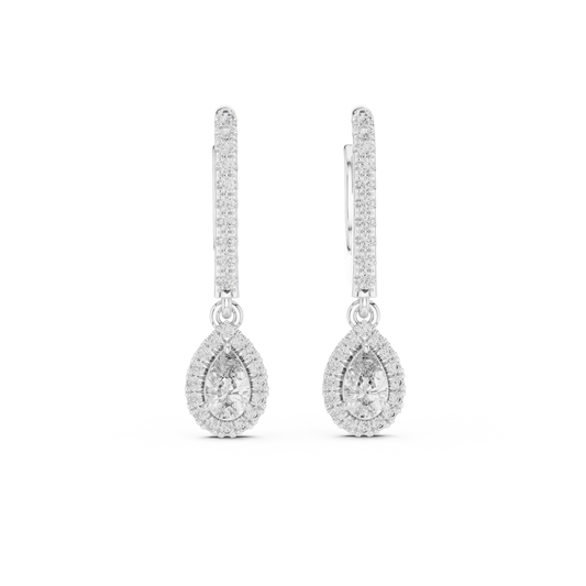 Pear Halo Moissanite Pavé Huggie Drop Earrings in white 925 sterling silver, view 4