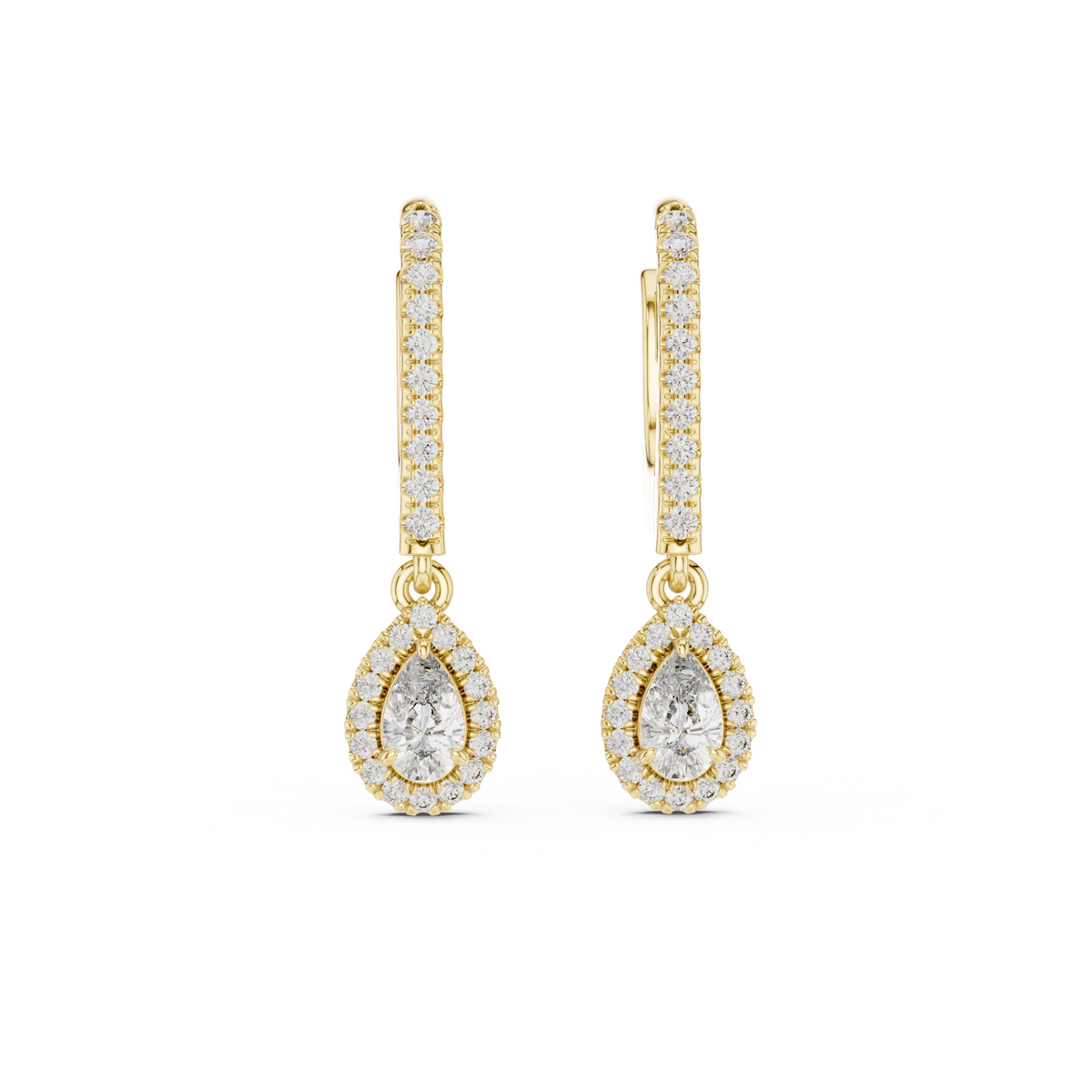 Pear Halo Moissanite Pavé Huggie Drop Earrings in yellow 925 sterling silver, view 4