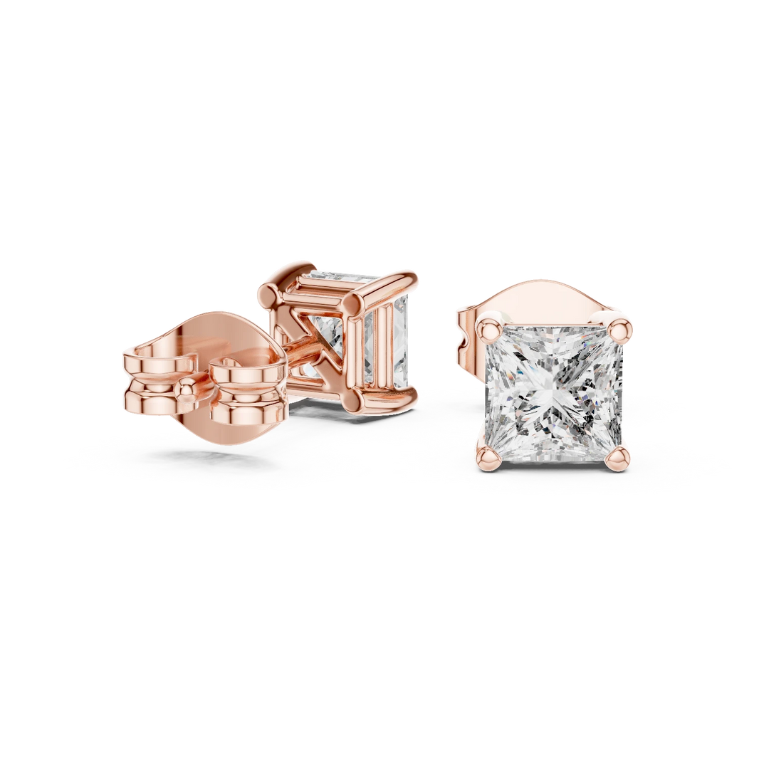 Princess Cut Moissanite Four Prong Stud Earrings in rose 925 sterling silver, view 1