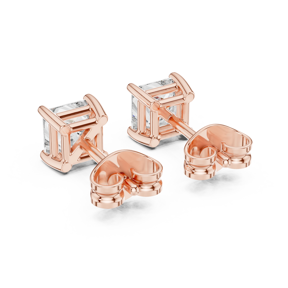 Princess Cut Moissanite Four Prong Stud Earrings in rose 925 sterling silver, view 3