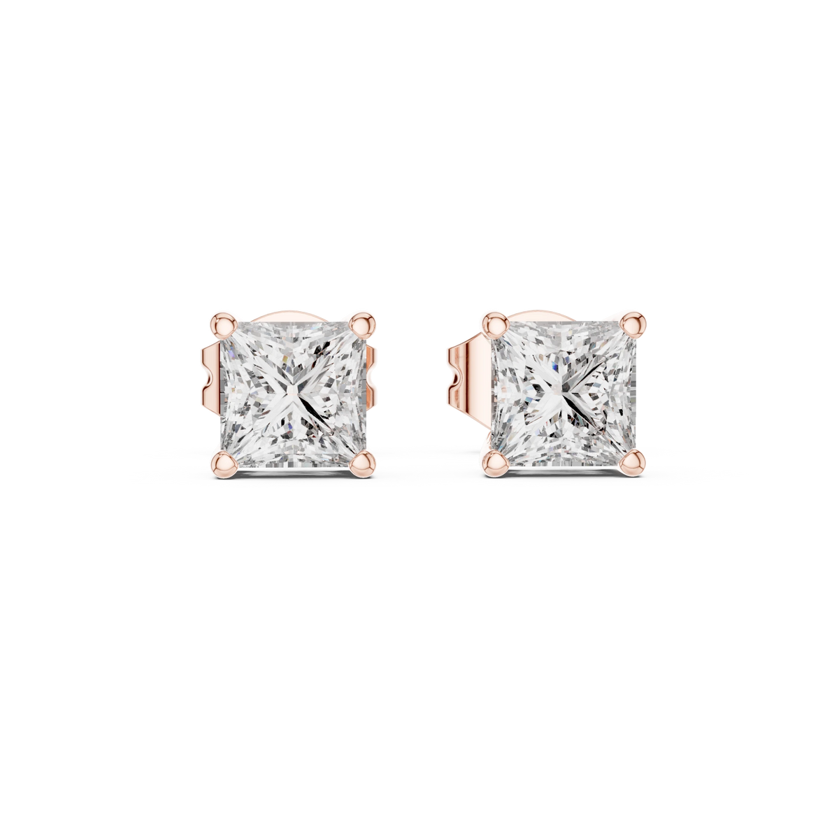 Princess Cut Moissanite Four Prong Stud Earrings in rose 925 sterling silver, view 4